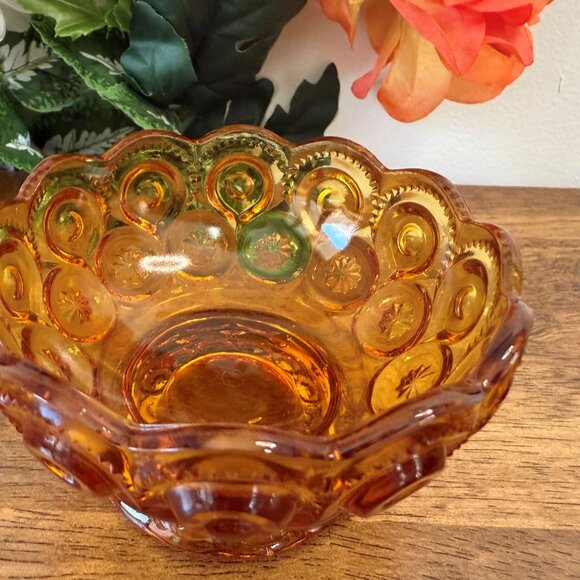 LE Smith Moon and Stars Amber Bowl Vintage Pressed Glass Scalloped‎ Edge Compote - Picture 4 of 5